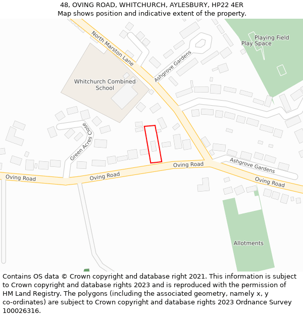 48, OVING ROAD, WHITCHURCH, AYLESBURY, HP22 4ER: Location map and indicative extent of plot