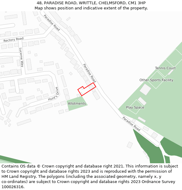 48, PARADISE ROAD, WRITTLE, CHELMSFORD, CM1 3HP: Location map and indicative extent of plot