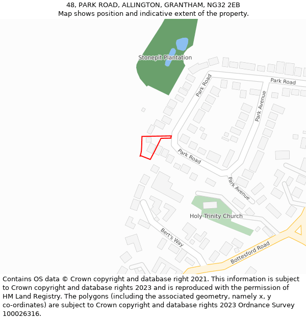 48, PARK ROAD, ALLINGTON, GRANTHAM, NG32 2EB: Location map and indicative extent of plot