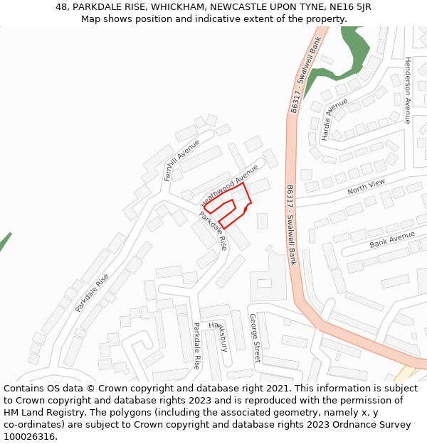 48, PARKDALE RISE, WHICKHAM, NEWCASTLE UPON TYNE, NE16 5JR: Location map and indicative extent of plot