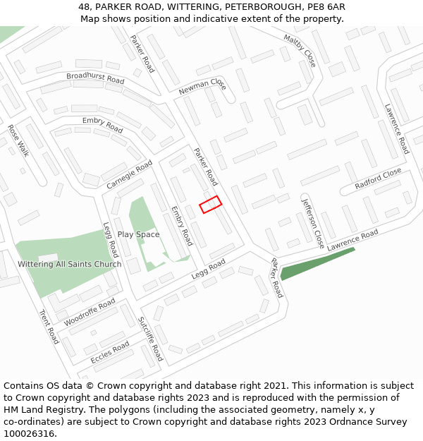 48, PARKER ROAD, WITTERING, PETERBOROUGH, PE8 6AR: Location map and indicative extent of plot