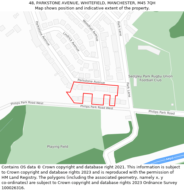 48, PARKSTONE AVENUE, WHITEFIELD, MANCHESTER, M45 7QH: Location map and indicative extent of plot