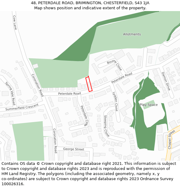 48, PETERDALE ROAD, BRIMINGTON, CHESTERFIELD, S43 1JA: Location map and indicative extent of plot