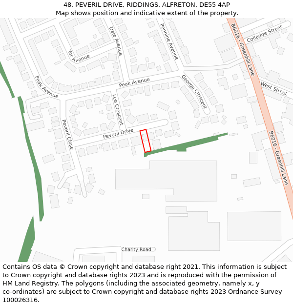 48, PEVERIL DRIVE, RIDDINGS, ALFRETON, DE55 4AP: Location map and indicative extent of plot