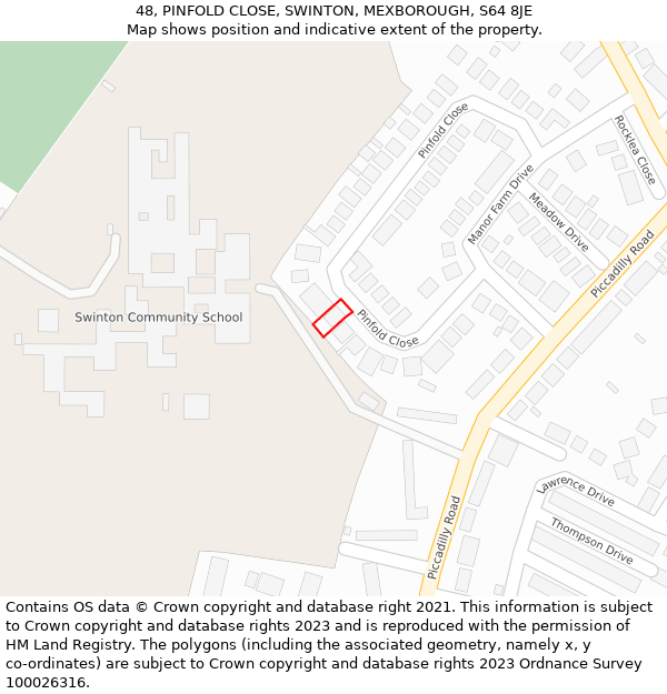 48, PINFOLD CLOSE, SWINTON, MEXBOROUGH, S64 8JE: Location map and indicative extent of plot