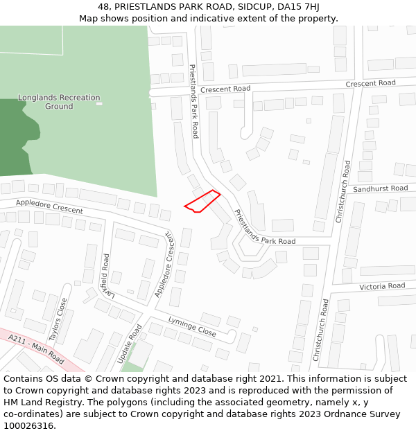 48, PRIESTLANDS PARK ROAD, SIDCUP, DA15 7HJ: Location map and indicative extent of plot