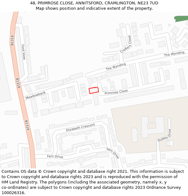 48, PRIMROSE CLOSE, ANNITSFORD, CRAMLINGTON, NE23 7UD: Location map and indicative extent of plot