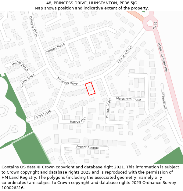 48, PRINCESS DRIVE, HUNSTANTON, PE36 5JG: Location map and indicative extent of plot