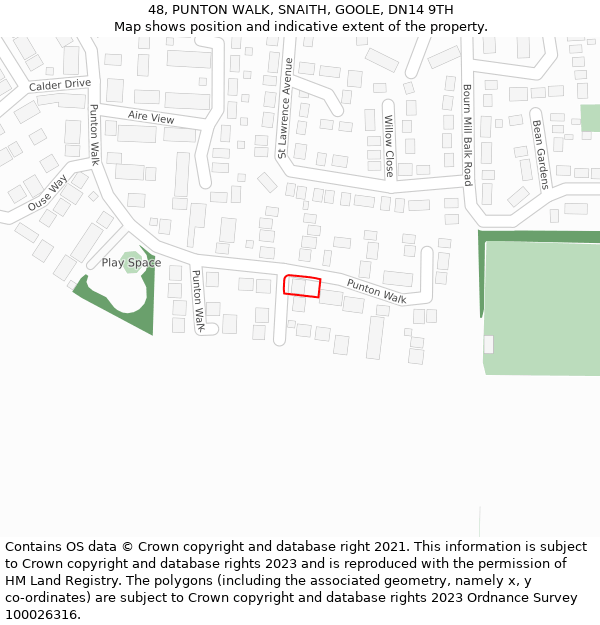 48, PUNTON WALK, SNAITH, GOOLE, DN14 9TH: Location map and indicative extent of plot