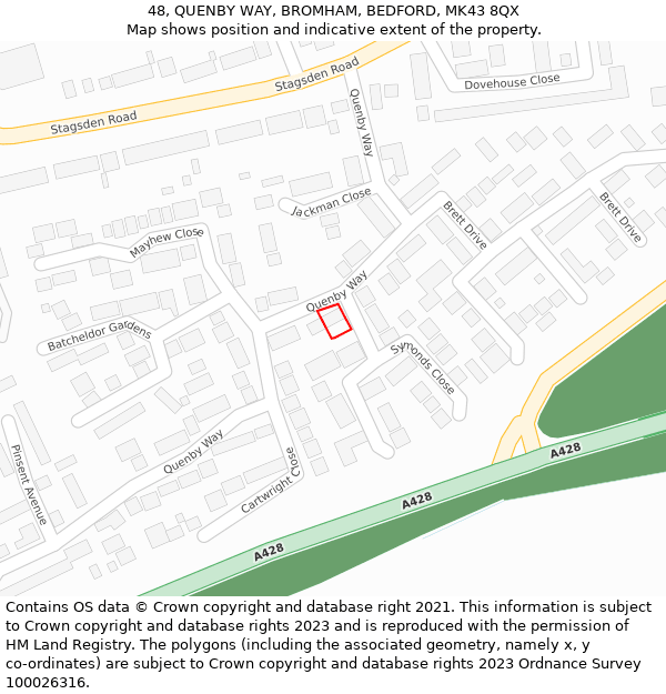 48, QUENBY WAY, BROMHAM, BEDFORD, MK43 8QX: Location map and indicative extent of plot