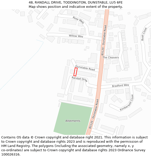 48, RANDALL DRIVE, TODDINGTON, DUNSTABLE, LU5 6FE: Location map and indicative extent of plot