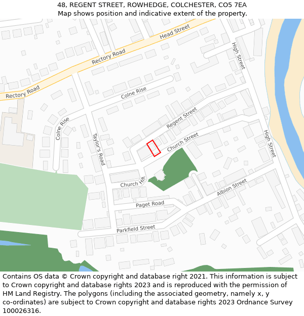 48, REGENT STREET, ROWHEDGE, COLCHESTER, CO5 7EA: Location map and indicative extent of plot