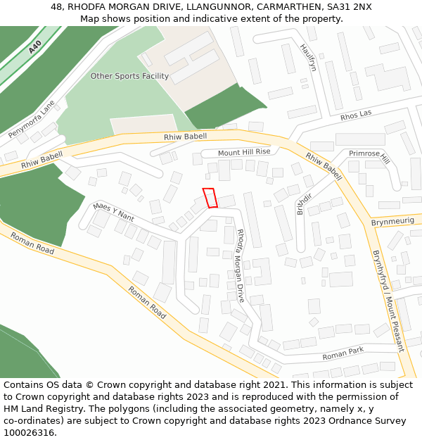48, RHODFA MORGAN DRIVE, LLANGUNNOR, CARMARTHEN, SA31 2NX: Location map and indicative extent of plot