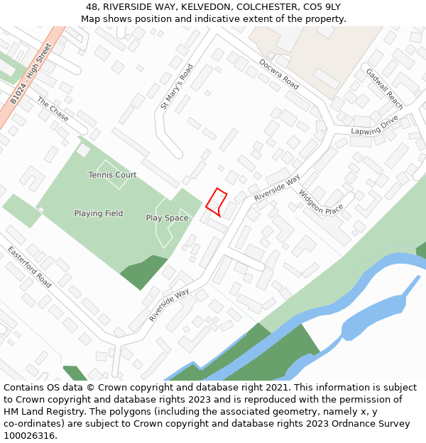 48, RIVERSIDE WAY, KELVEDON, COLCHESTER, CO5 9LY: Location map and indicative extent of plot