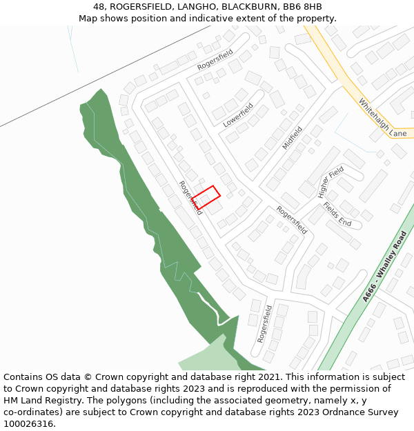48, ROGERSFIELD, LANGHO, BLACKBURN, BB6 8HB: Location map and indicative extent of plot
