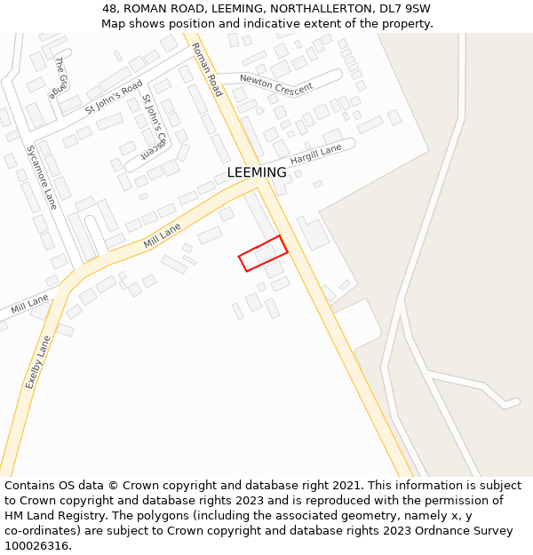 48, ROMAN ROAD, LEEMING, NORTHALLERTON, DL7 9SW: Location map and indicative extent of plot