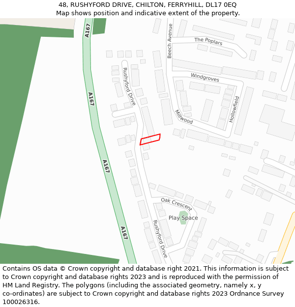 48, RUSHYFORD DRIVE, CHILTON, FERRYHILL, DL17 0EQ: Location map and indicative extent of plot