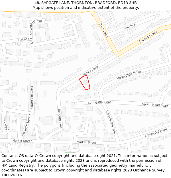 48, SAPGATE LANE, THORNTON, BRADFORD, BD13 3HB: Location map and indicative extent of plot