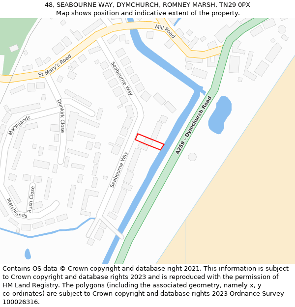 48, SEABOURNE WAY, DYMCHURCH, ROMNEY MARSH, TN29 0PX: Location map and indicative extent of plot