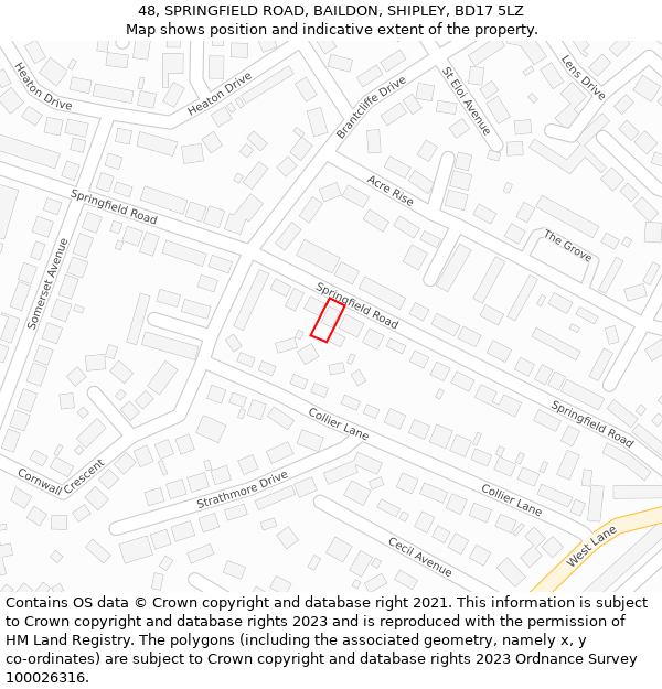 48, SPRINGFIELD ROAD, BAILDON, SHIPLEY, BD17 5LZ: Location map and indicative extent of plot