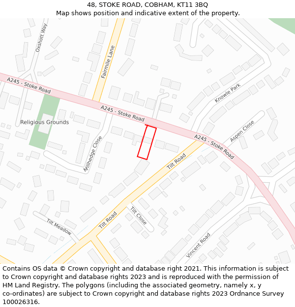 48, STOKE ROAD, COBHAM, KT11 3BQ: Location map and indicative extent of plot