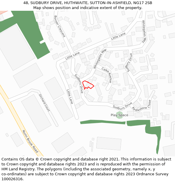 48, SUDBURY DRIVE, HUTHWAITE, SUTTON-IN-ASHFIELD, NG17 2SB: Location map and indicative extent of plot