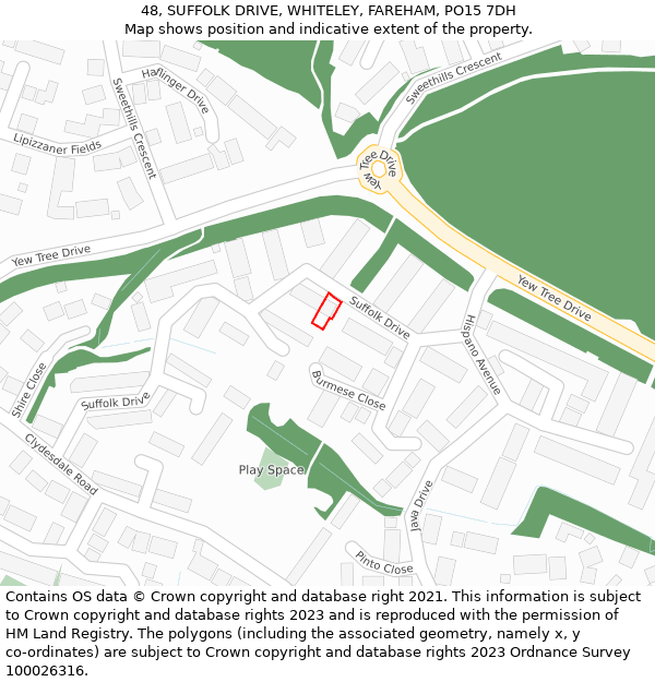 48, SUFFOLK DRIVE, WHITELEY, FAREHAM, PO15 7DH: Location map and indicative extent of plot