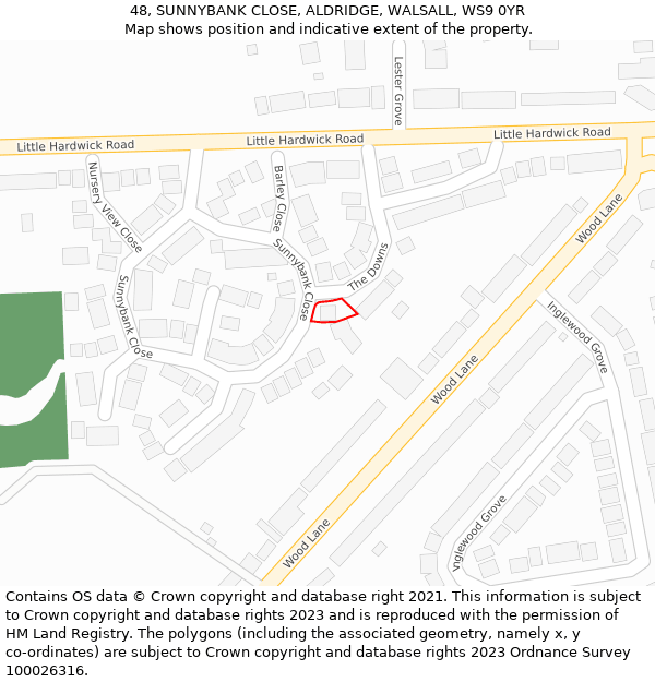 48, SUNNYBANK CLOSE, ALDRIDGE, WALSALL, WS9 0YR: Location map and indicative extent of plot