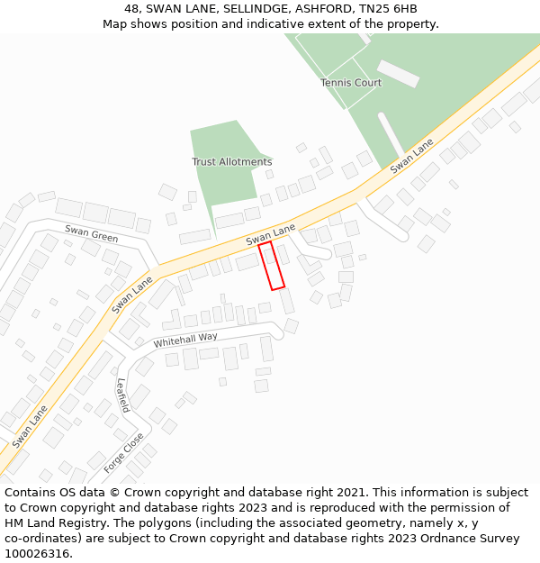48, SWAN LANE, SELLINDGE, ASHFORD, TN25 6HB: Location map and indicative extent of plot