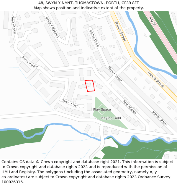 48, SWYN Y NANT, THOMASTOWN, PORTH, CF39 8FE: Location map and indicative extent of plot