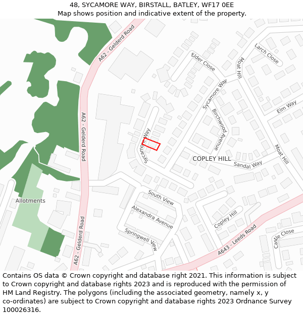48, SYCAMORE WAY, BIRSTALL, BATLEY, WF17 0EE: Location map and indicative extent of plot