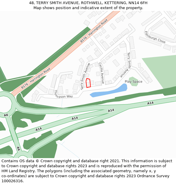 48, TERRY SMITH AVENUE, ROTHWELL, KETTERING, NN14 6FH: Location map and indicative extent of plot