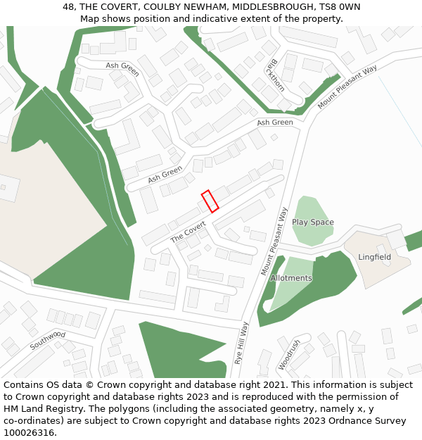 48, THE COVERT, COULBY NEWHAM, MIDDLESBROUGH, TS8 0WN: Location map and indicative extent of plot