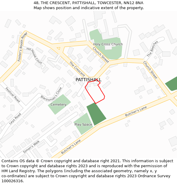 48, THE CRESCENT, PATTISHALL, TOWCESTER, NN12 8NA: Location map and indicative extent of plot