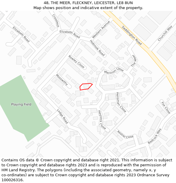 48, THE MEER, FLECKNEY, LEICESTER, LE8 8UN: Location map and indicative extent of plot