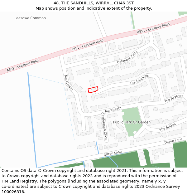 48, THE SANDHILLS, WIRRAL, CH46 3ST: Location map and indicative extent of plot