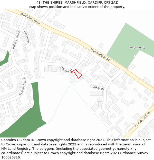 48, THE SHIRES, MARSHFIELD, CARDIFF, CF3 2AZ: Location map and indicative extent of plot