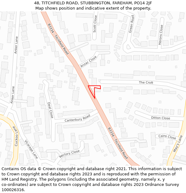 48, TITCHFIELD ROAD, STUBBINGTON, FAREHAM, PO14 2JF: Location map and indicative extent of plot