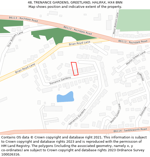 48, TRENANCE GARDENS, GREETLAND, HALIFAX, HX4 8NN: Location map and indicative extent of plot