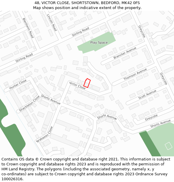 48, VICTOR CLOSE, SHORTSTOWN, BEDFORD, MK42 0FS: Location map and indicative extent of plot