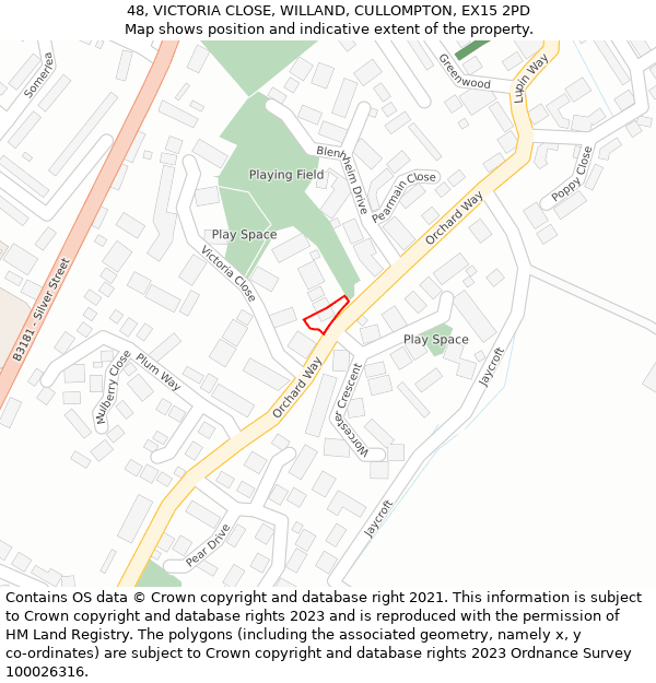 48, VICTORIA CLOSE, WILLAND, CULLOMPTON, EX15 2PD: Location map and indicative extent of plot