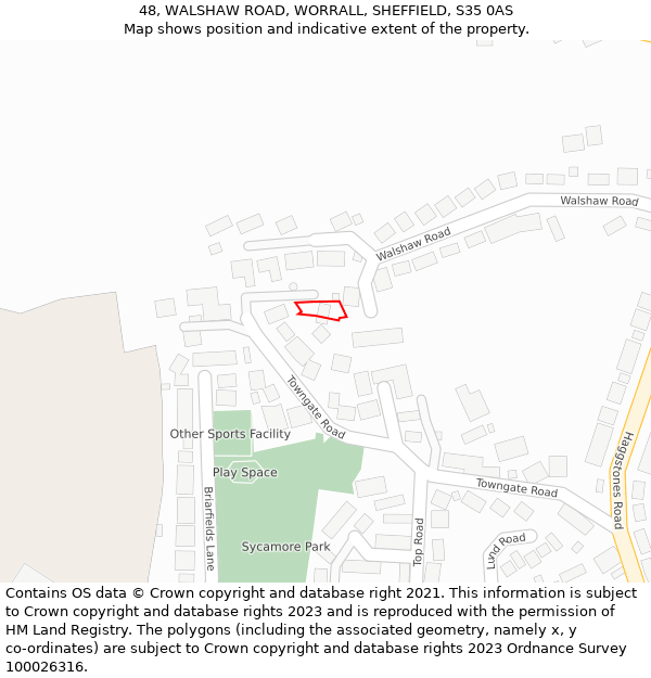 48, WALSHAW ROAD, WORRALL, SHEFFIELD, S35 0AS: Location map and indicative extent of plot