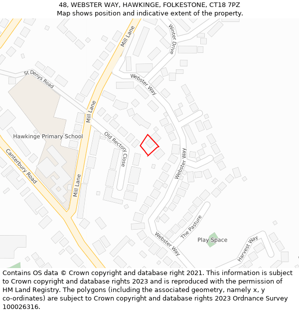 48, WEBSTER WAY, HAWKINGE, FOLKESTONE, CT18 7PZ: Location map and indicative extent of plot