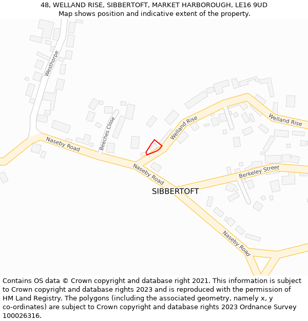 48, WELLAND RISE, SIBBERTOFT, MARKET HARBOROUGH, LE16 9UD: Location map and indicative extent of plot