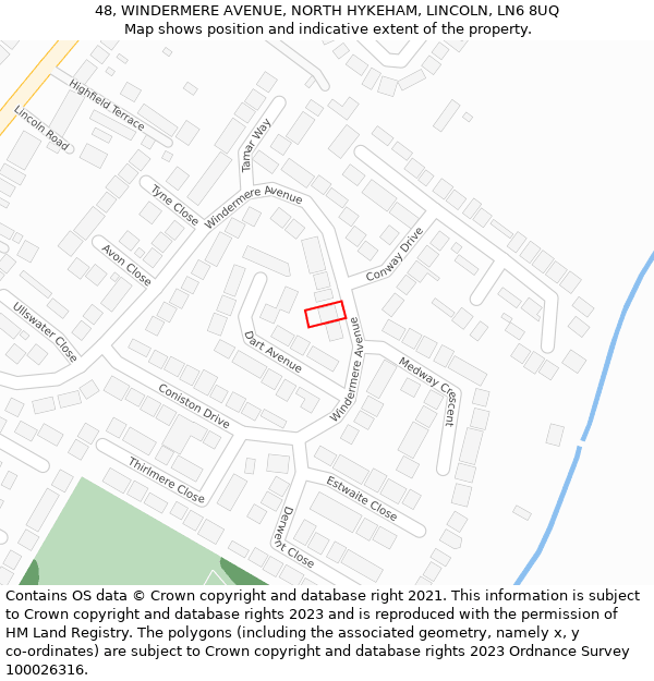 48, WINDERMERE AVENUE, NORTH HYKEHAM, LINCOLN, LN6 8UQ: Location map and indicative extent of plot