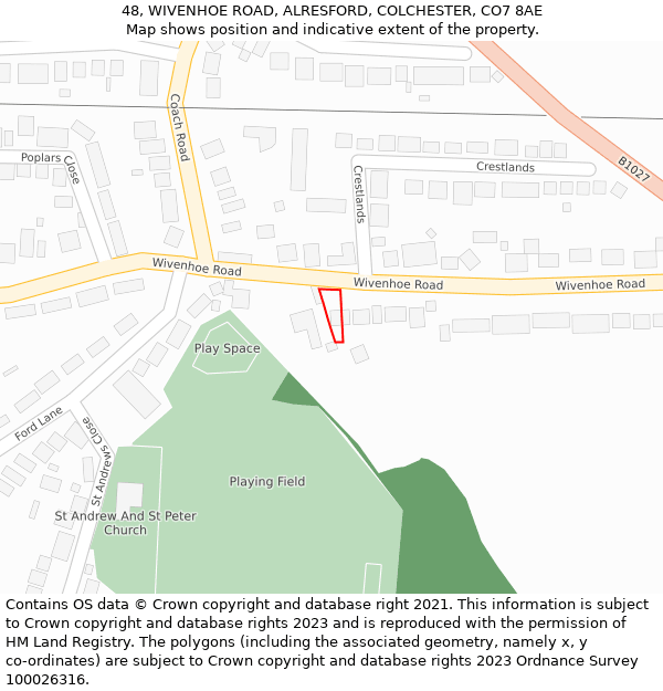 48, WIVENHOE ROAD, ALRESFORD, COLCHESTER, CO7 8AE: Location map and indicative extent of plot