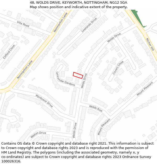 48, WOLDS DRIVE, KEYWORTH, NOTTINGHAM, NG12 5GA: Location map and indicative extent of plot