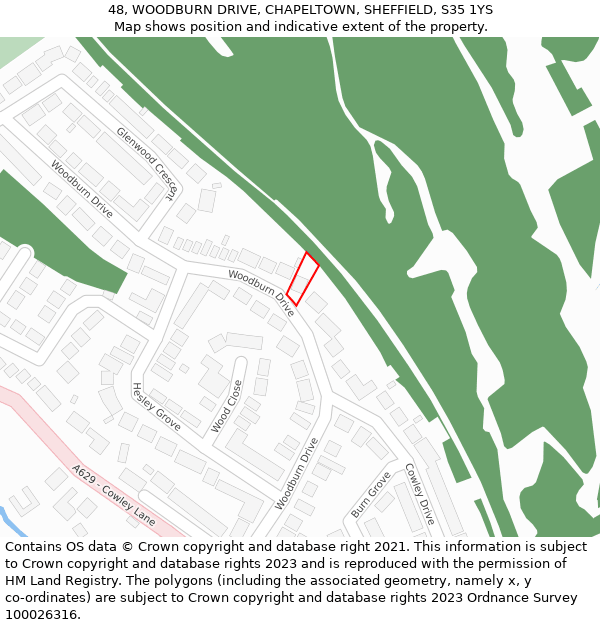 48, WOODBURN DRIVE, CHAPELTOWN, SHEFFIELD, S35 1YS: Location map and indicative extent of plot