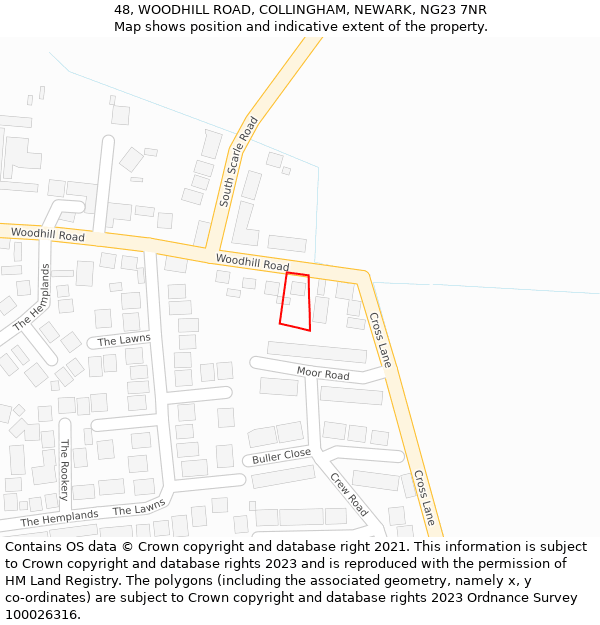 48, WOODHILL ROAD, COLLINGHAM, NEWARK, NG23 7NR: Location map and indicative extent of plot