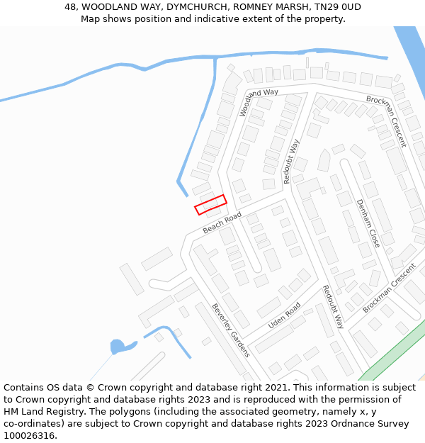 48, WOODLAND WAY, DYMCHURCH, ROMNEY MARSH, TN29 0UD: Location map and indicative extent of plot